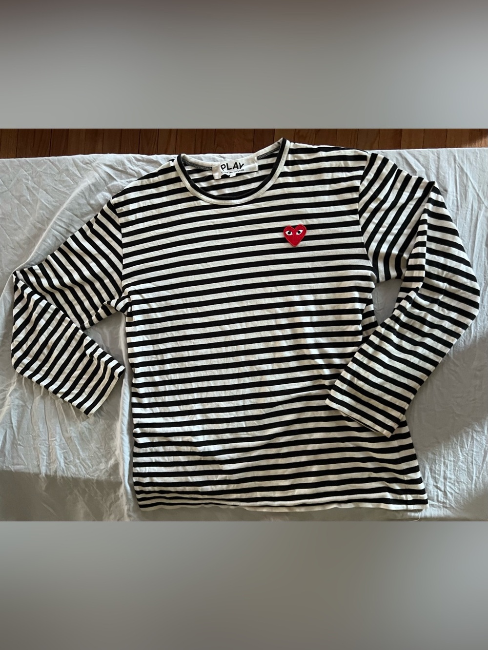 Comme des Garcons PLAY L Black White Striped Long Sleeve Heart Logo Tee